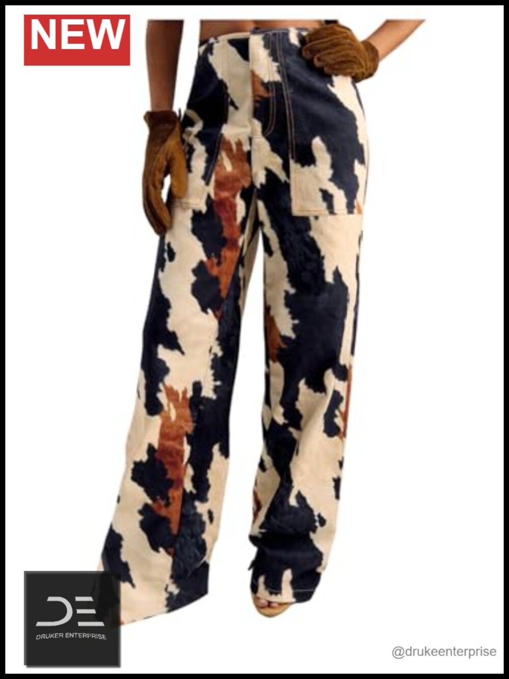 Western Cow Print Wide Leg Denim Pants Y2K Casual